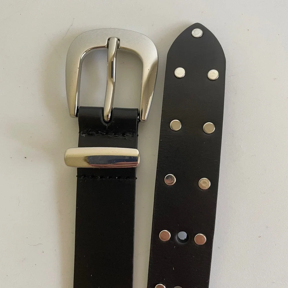 Black Leather Double Studded Belt Punk Goth Retro Rock Gothic XL 38-41 inch‎